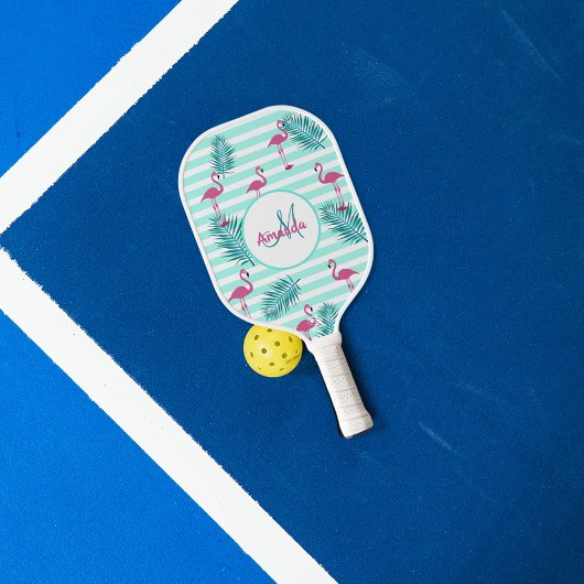Roze flamingo mint groene strepen palmbladeren pickleball paddle