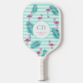 Roze flamingo mintgroene strepen palmbladeren naam pickleball paddle (Voorkant)