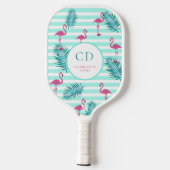 Roze flamingo mintgroene strepen palmbladeren naam pickleball paddle (Achterkant)