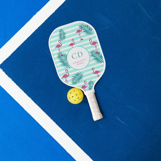 Roze flamingo mintgroene strepen palmbladeren naam pickleball paddle
