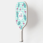 Roze flamingo mintgroene strepen palmbladeren pickleball paddle (Links)