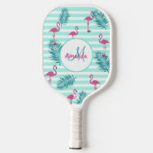 Roze flamingo mintgroene strepen palmbladeren pickleball paddle (Achterkant)
