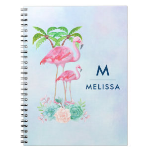 Roze Flamingo Momma & Baby met palmbomen Custom Notitieboek