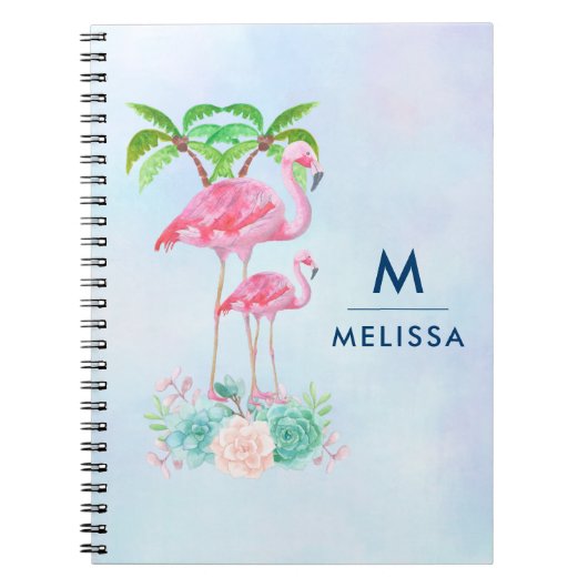 Roze Flamingo Momma & Baby met palmbomen Custom Notitieboek (Voorkant)