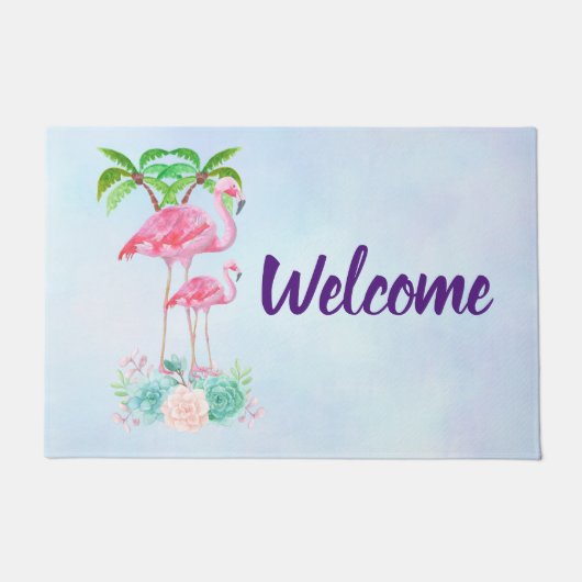 Roze Flamingo Momma & Baby met palmbomen Deurmat (Voorkant)