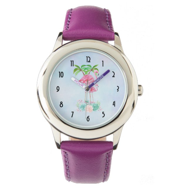Roze Flamingo Momma & Baby met palmbomen Horloge (Voorkant)