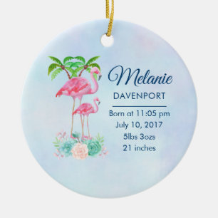 Roze Flamingo Momma & Baby met palmbomen Keramisch Ornament
