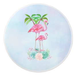 Roze Flamingo Momma & Baby met palmbomen Keramische Knop