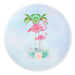 Roze Flamingo Momma & Baby met palmbomen Keramische Knop