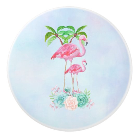 Roze Flamingo Momma & Baby met palmbomen Keramische Knop (Voorkant)