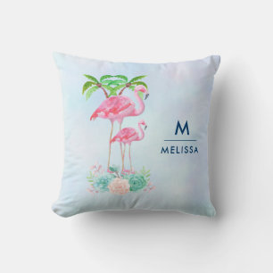 Roze Flamingo Momma & Baby met palmbomen Kussen