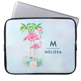 Roze Flamingo Momma & Baby met palmbomen Laptop Sleeve