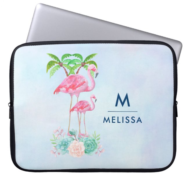 Roze Flamingo Momma & Baby met palmbomen Laptop Sleeve (Voorkant)