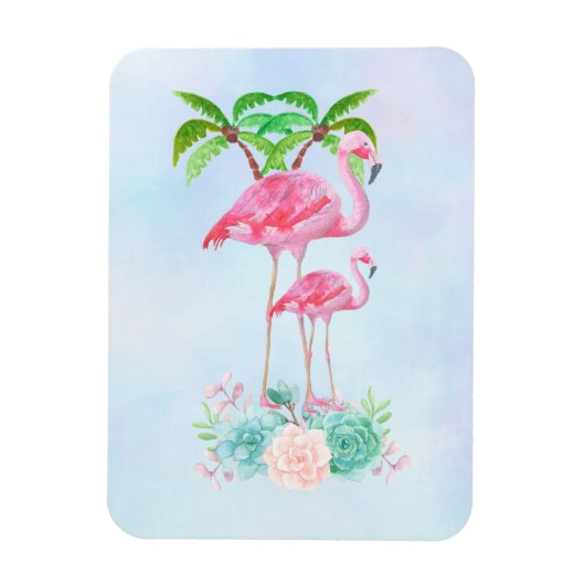 Roze Flamingo Momma & Baby met palmbomen Magneet (Verticaal)