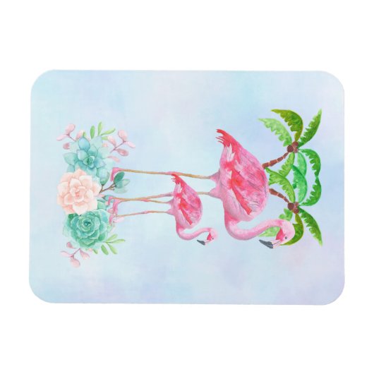 Roze Flamingo Momma & Baby met palmbomen Magneet (Horizontaal)