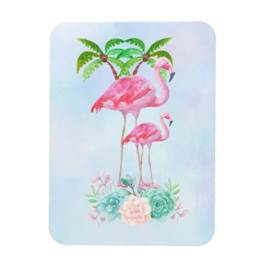 Roze Flamingo Momma & Baby met palmbomen Magneet (Verticaal)