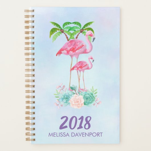 Roze Flamingo Momma & Baby met palmbomen Planner (Voorkant)