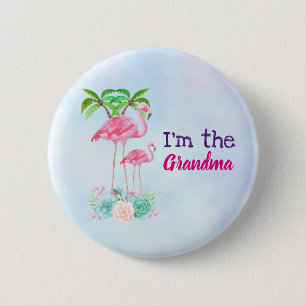 Roze Flamingo Momma & Baby met palmbomen Ronde Button 5,7 Cm