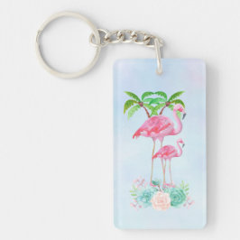 Roze Flamingo Momma & Baby met palmbomen Sleutelhanger
