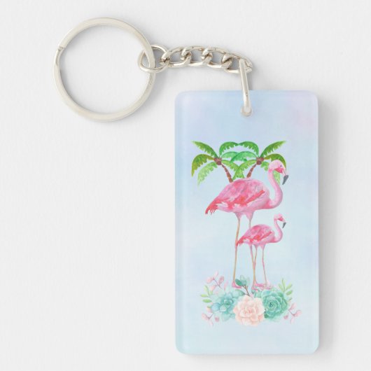 Roze Flamingo Momma & Baby met palmbomen Sleutelhanger (Voorkant)