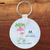 Roze Flamingo Momma & Baby met palmbomen Sleutelhanger (Voorkant)