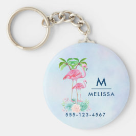 Roze Flamingo Momma & Baby met palmbomen Sleutelhanger