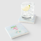 Roze Flamingo Momma & Baby met palmbomen Stenen Onderzetter (Zijkant)