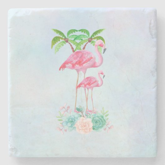 Roze Flamingo Momma & Baby met palmbomen Stenen Onderzetter (Voorkant)