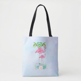 Roze Flamingo Momma & Baby met palmbomen Tote Bag