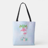 Roze Flamingo Momma & Baby met palmbomen Tote Bag (Achterkant)