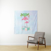 Roze Flamingo Momma & Baby met palmbomen Wandkleed (In situ)