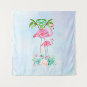 Roze Flamingo Momma & Baby met palmbomen Wandkleed