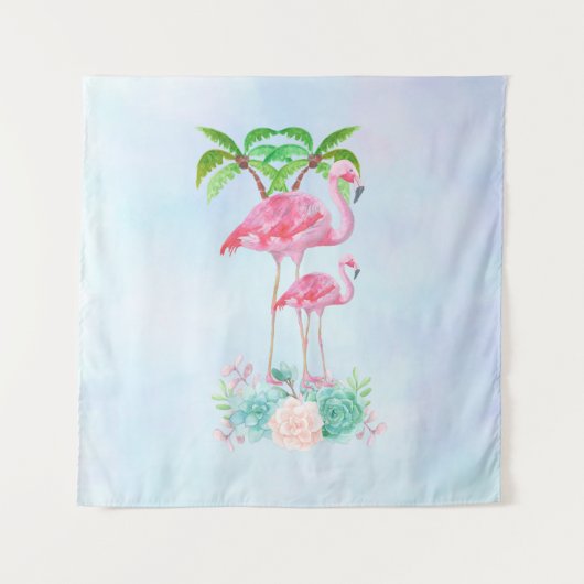 Roze Flamingo Momma & Baby met palmbomen Wandkleed (Voorkant)