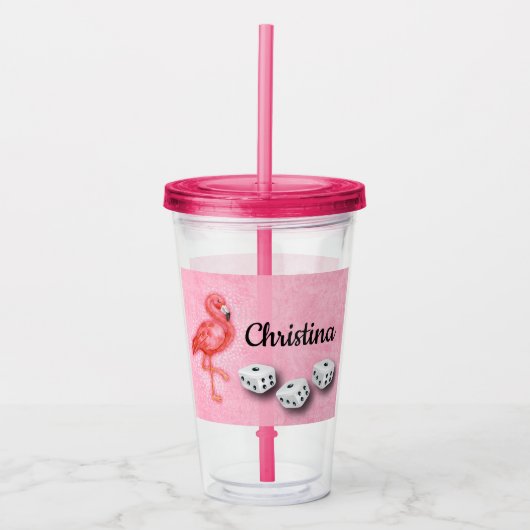 Roze Flamingo Monogram Bunco Player Dice Acryl Drinkbeker (Voorkant)