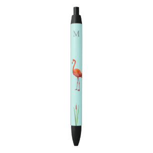 Roze Flamingo & Monogram op Licht Blauw Zwarte Inkt Pen