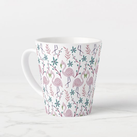 Roze flamingo naadloos patroon op witte achtergron latte mok (Linkerhoek)