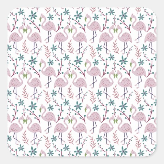Roze flamingo naadloos patroon op witte achtergron vierkante sticker (Voorkant)