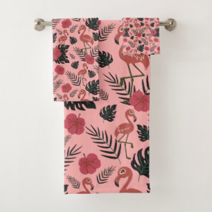 Roze flamingo naadloze patroonbloemen en -bladeren bad handdoek