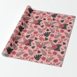 Roze flamingo naadloze patroonbloemen en -bladeren cadeaupapier