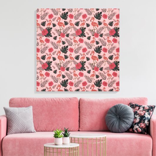 Roze flamingo naadloze patroonbloemen en -bladeren canvas afdruk (Insitu (Woonkamer))