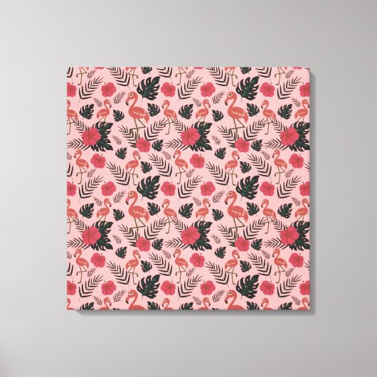 Roze flamingo naadloze patroonbloemen en -bladeren canvas afdruk (Voorkant)