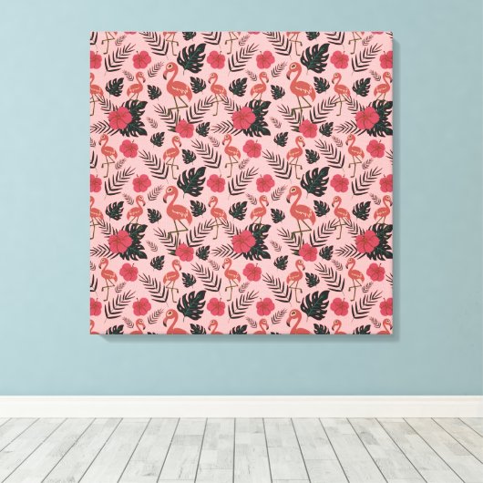 Roze flamingo naadloze patroonbloemen en -bladeren canvas afdruk (Insitu (Houten vloer))