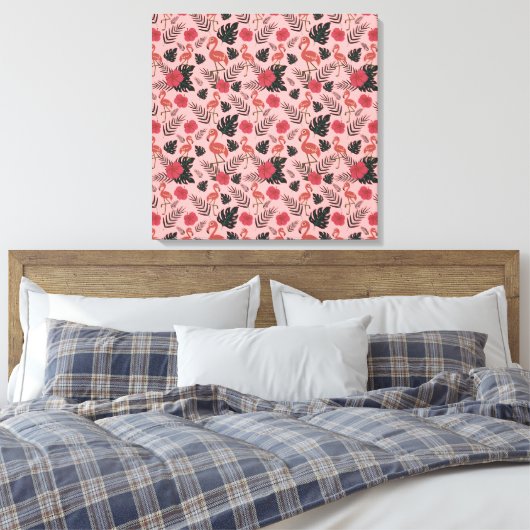 Roze flamingo naadloze patroonbloemen en -bladeren canvas afdruk (Insitu (Slaapkamer))