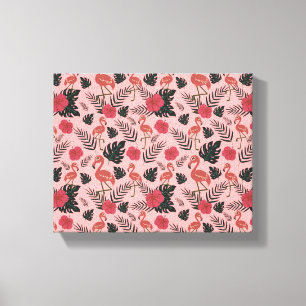 Roze flamingo naadloze patroonbloemen en -bladeren canvas afdruk