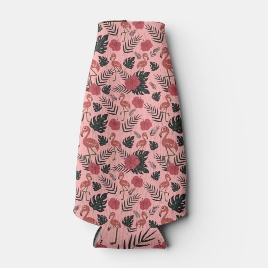 Roze flamingo naadloze patroonbloemen en -bladeren flesjeskoeler (Voorkant)