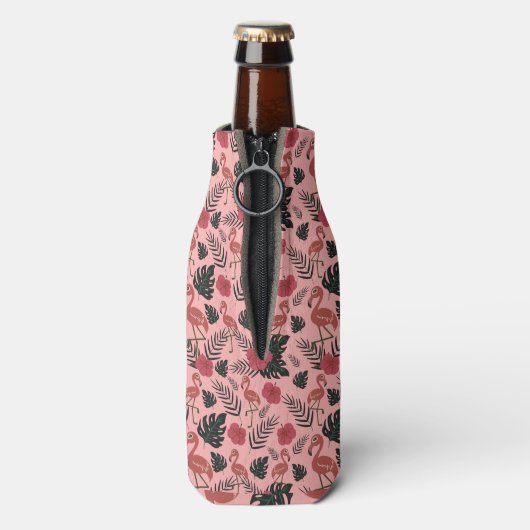 Roze flamingo naadloze patroonbloemen en -bladeren flesjeskoeler (Fles Achterkant)