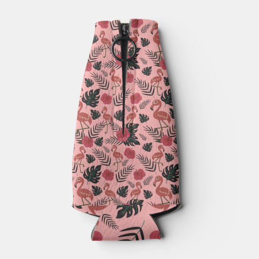 Roze flamingo naadloze patroonbloemen en -bladeren flesjeskoeler (Achterkant)