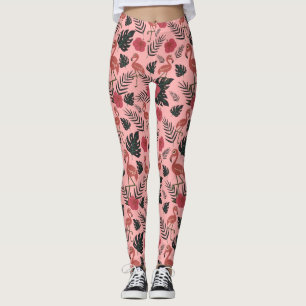 Roze flamingo naadloze patroonbloemen en -bladeren leggings