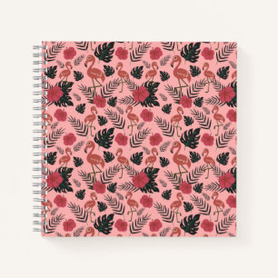 Roze flamingo naadloze patroonbloemen en -bladeren notitieboek