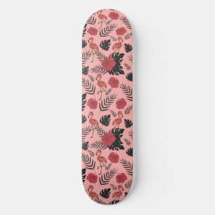 Roze flamingo naadloze patroonbloemen en -bladeren persoonlijk skateboard